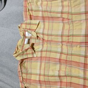 Camp shirt, size 16, by Emma James, yellow and orange with a gold stripe